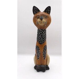 Wooden Cat Statue Hand Carved Embellished Metal Wire Whiskers Unbranded Unsigned
